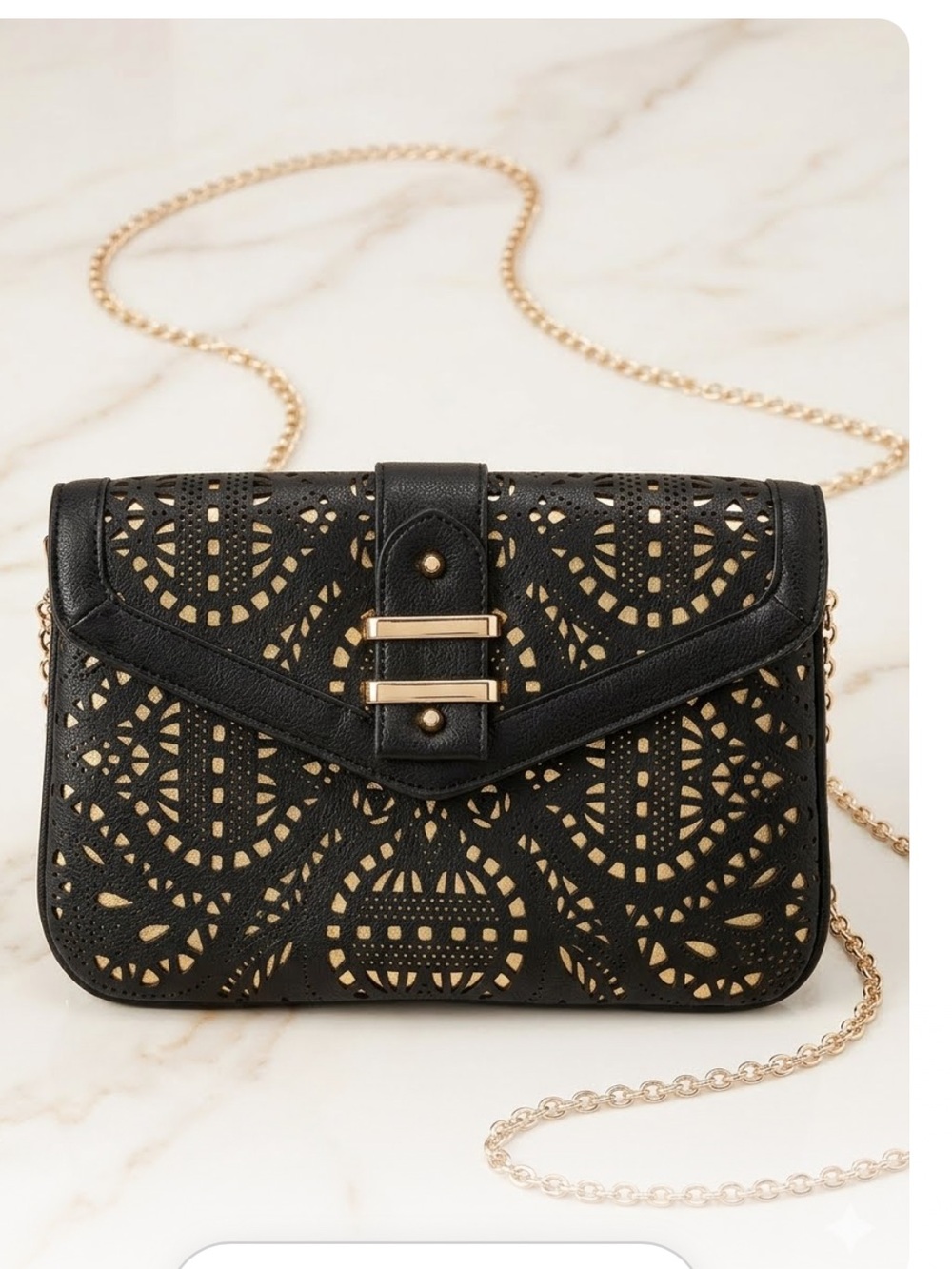 Mix No. 6 Black Laser-Cut Clutch with Gold Underlay and Chain - evening event